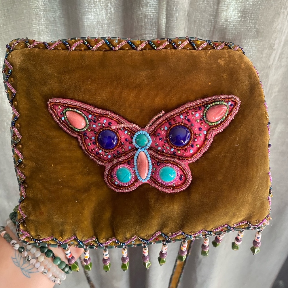 Pink and Green Crossbody Bag with Butterfly Appliqué and Beaded Tassels